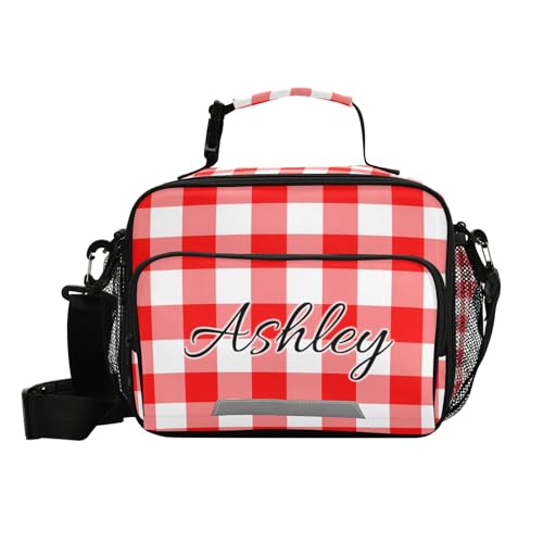 Custom Student Lunch Bag for Boys Girls Red Checkerboard Personalized Lunch Box With Name Insulated Cooler Bag for School Picnic Travel - color: Multi05