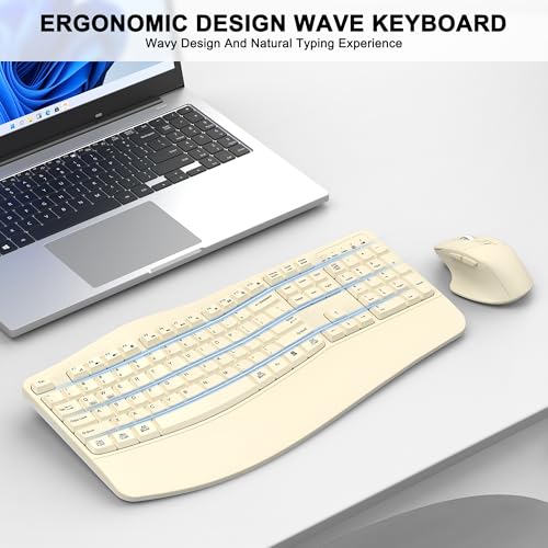 Wireless Keyboard and Mouse Combo, 2.4G Ergonomic Wave Keys (Latte) | Full Size Wave Keyboard with Wrist Rest, 3-Level DPI Adjustable Ergonomic Mouse for Windows and Mac OS Desktop/Laptop/PC - color: Latte