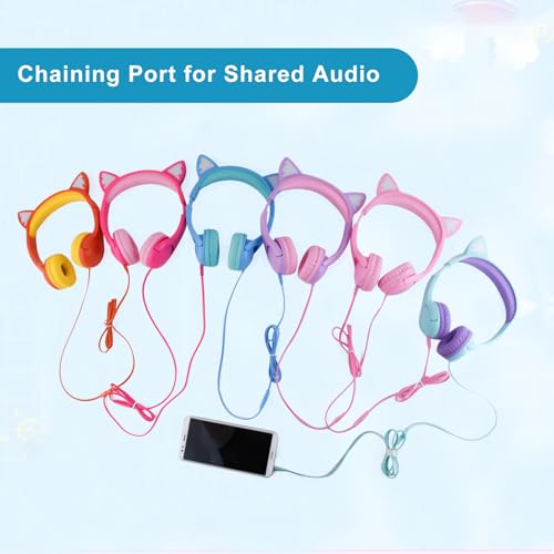 Olyre Kitty Headphones for Kids, Wired Cat Ears Headset, Dual Audio Port | Lightblue; LED Light-Up;On-ear headset; Built-in audio sharing jack; Microphone for children, toddlers, boys, girls - color: Lightblue