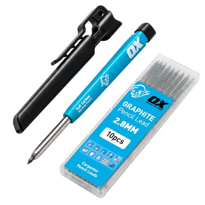 OX Tools Carpenter Pencils Mechanical Set – Heavy Duty Construction Pencil with 10X 2.8mm Lead Pack, Belt Clip, Sharpener, & Holder – Precision Mechanical Carpenter Pencil - Woodworking Pencils - style: OX Carpenter Pencil + 10 Leads