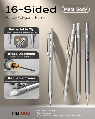 Nicpro 4 Pack Metal Mechanical Pencil Set 0.9mm, MB1000 Lead Drafting Pencil 0.9 mm with 6 Tube HB #2 Lead Refill, 3PCS 4B Eraser, 9 Cap Eraser for Artist Writing, Sketching, Drawing- Come with Case - style: 4 Pack （0.9mm）