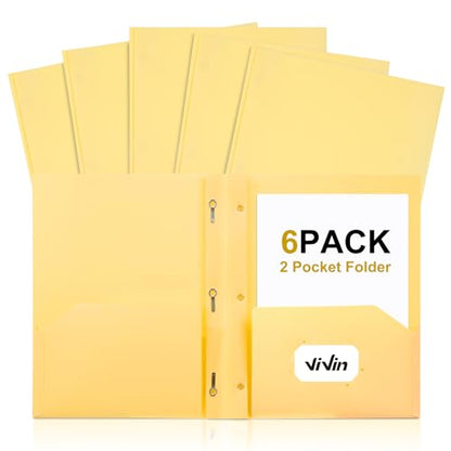 ViVin Sturdy Plastic Folder with Pockets,6 Pack,Heavy Duty Two Pocket 3 Prong Folders,Holds Letter Size Paper,File Folders with Business Card Slot for School Home and Office(Light Yellow) - color: Light Yellow, size: 6 PACK
