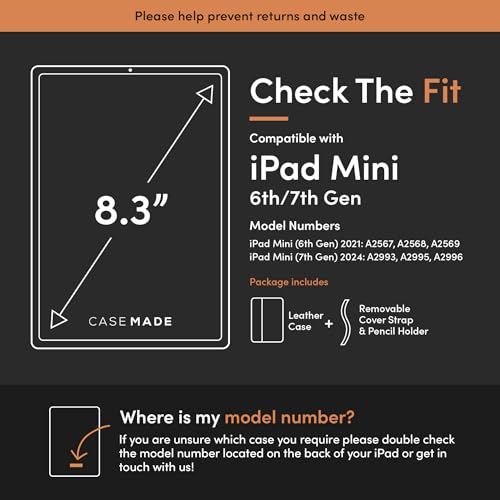 Casemade Real Leather Case Compatible with iPad mini 7 (A17 Pro) / 6th Gen (2021) - Full-Grain Leather Cover, Auto Sleep/Wake, Dual Stand Position (Tan)