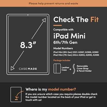 Casemade Real Leather Case Compatible with iPad mini 7 (A17 Pro) / 6th Gen (2021) - Full-Grain Leather Cover, Auto Sleep/Wake, Dual Stand Position (Tan)