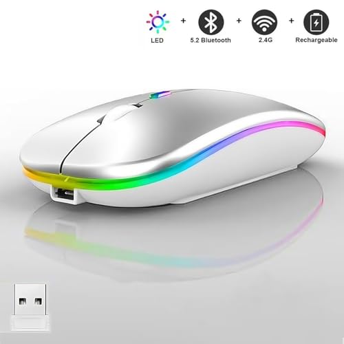 LED Wireless Mouse, Slim Silent Dual-Mode 2.4G+BT Rechargable 7-Color Portable Mobile Optical Office Mouse with USB Receiver, 3 Adjustable DPI Levels for Notebook, PC, Computer, MacBook (Silver) - color: silver