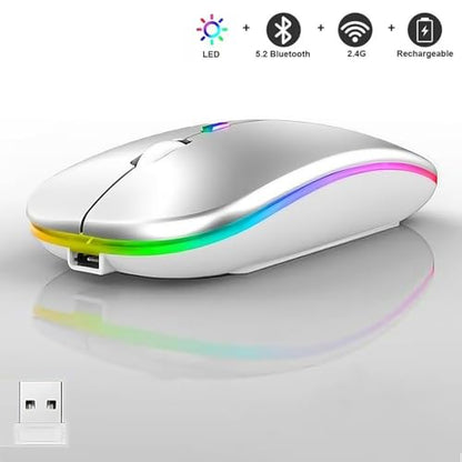 LED Wireless Mouse, Slim Silent Dual-Mode 2.4G+BT Rechargable 7-Color Portable Mobile Optical Office Mouse with USB Receiver, 3 Adjustable DPI Levels for Notebook, PC, Computer, MacBook (Silver) - color: silver