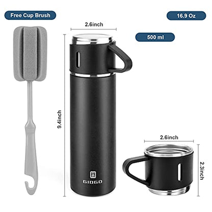 Stainless Steel Thermo 500ml/16.9oz Vacuum Insulated Bottle with Cup for Coffee Hot drink and Cold drink water flask.(Black,Set) - color: Black (Set), size: 16.9 Ounces