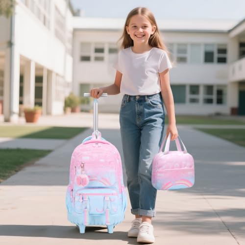 Scothen Rolling Backpack for Girls, 3PCS Roller School Backpacks for Girls with Lunch Bag and Pencil Pouch, Kids Bookbag Schoolbag with Wheels for Teen Girl Kindergarten Elementary Middle School - color: Pink Blue