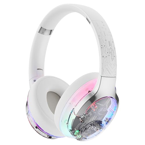 Bluetooth Headphones Over Ear with RGB Light | Foldable Lightweight Wireless Over Ear Headphone Bluetooth 6.0, 65H Playtime, Comfortable Breathable Working Gaming Travel - color: White