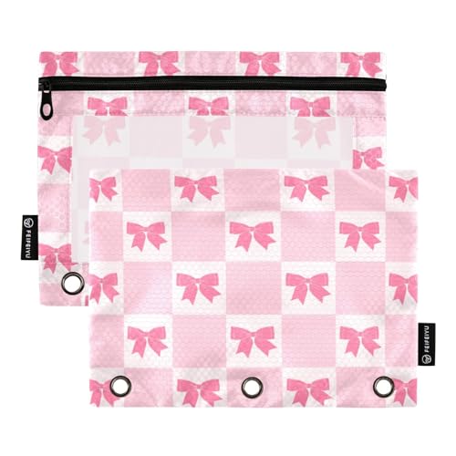 Pencil Pouch for 3 Ring Binder Y2k Checkered Pink Bows Ribbon 2 Pack Clear Window Pencil Bags with Zipper Pencil Case - color: Multicolored 13