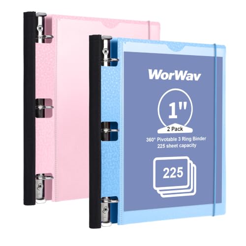 2 Pack 1-inch 3 Ring Binder, 360° Pivotable Foldable Binders | 3 Pockets, Customizable Cover, Expandable Flexible Binder Holds 225 Sheets, for School or Office Supplies, Blue & Pink - color: Blue+pink, size: 1 Inch
