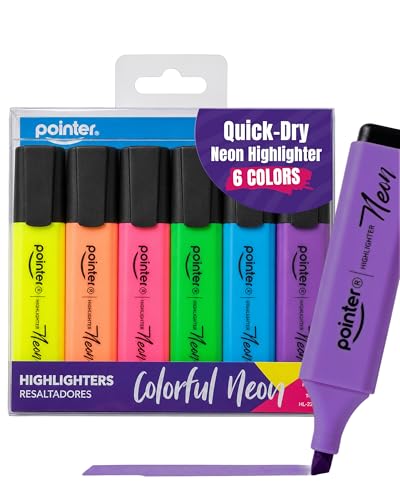 Pointer Highlighters – Vibrant Colors With Chisel Tip Quick-Dry Smudge-Proof Paper-Safe Neon Multicolor Pens for School, Office Notes, Journals, And Planning Homework Creative Projects – Set of 6 - color: Neon- 6 Colors