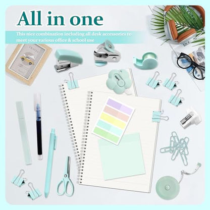 Mini Office Supplies, Teal Stapler with Staples and Tape Dispenser Set, Mini Stationary Kit Includes Sticky Notes Index Tabs Highlighters Gel Pens for Office & School Supplies (Teal) - color: Teal