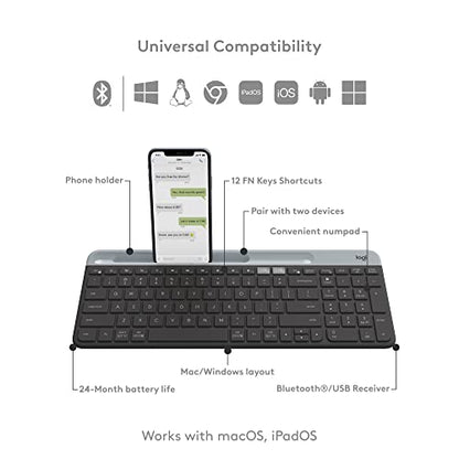 Logitech K585 Multi-Device Slim Wireless Keyboard, Built-in Cradle for Device; for Laptop, Tablet, Desktop, Smartphone, Win/Mac, Bluetooth/Receiver, Compact, Easy Switch, 24 Month Battery - Graphite - color: Graphite