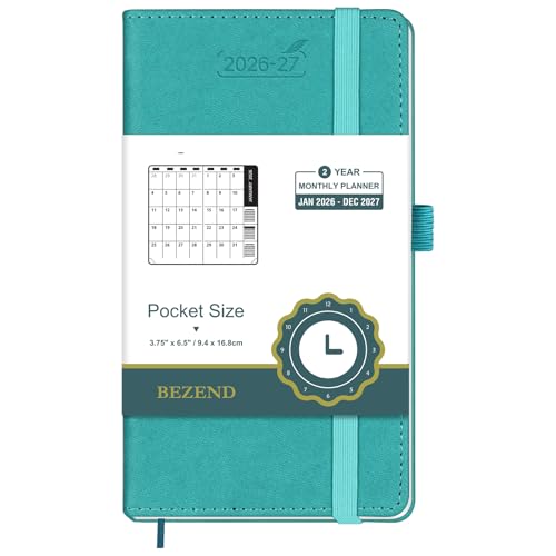 BEZEND Pocket Monthly Planner 2026-2027 (3.5" x 6.5") 2 Year Calendar Book for Purse with Note Pages, 100 GSM Paper, Inner Pocket, Pen Holder, Vegan Leather Hardcover in Turquoise - color: Turquoise, size: Pocket 3.5" x 6.5"