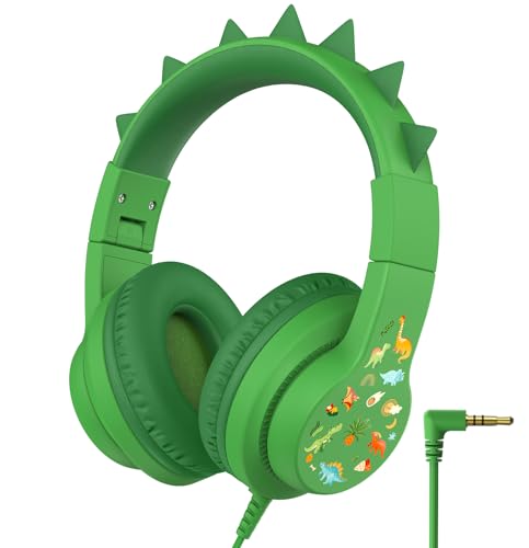 iClever Kids Headphones for School Travel, Safe Volume 85dBA, Stereo Sound Over-Ear for Kid, Foldable 3.5mm Wired Dinosaur Headphones for iPad Computer, HS19S - color: Dinosaur Green