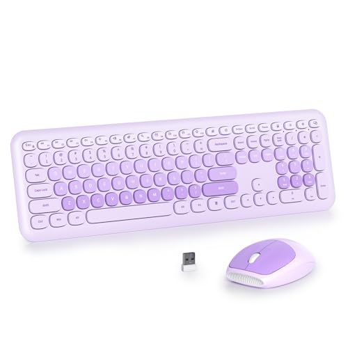 Wireless Typewriter Keyboard and Mouse Combo Retro 104 Key Full Size Office Set Purple Keyboard with Silent Round Keycaps, Ideal for Laptop and Desktop PCs, Cute Design Keyboard - color: Diary Purple