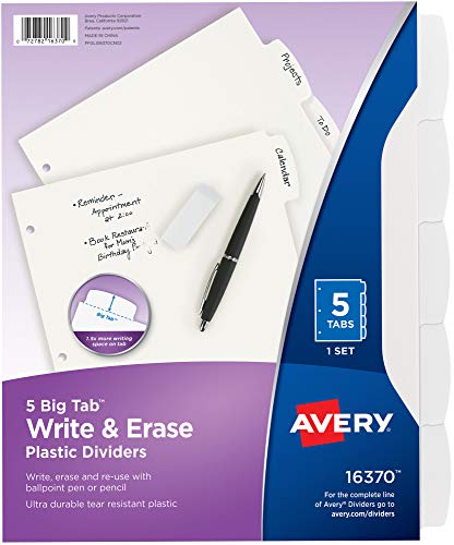 Avery Big Tab Write & Erase Durable Plastic Dividers for 3 Ring Binders, 5-Tab Set, White, 1 Set (16370) - style: 1 Set