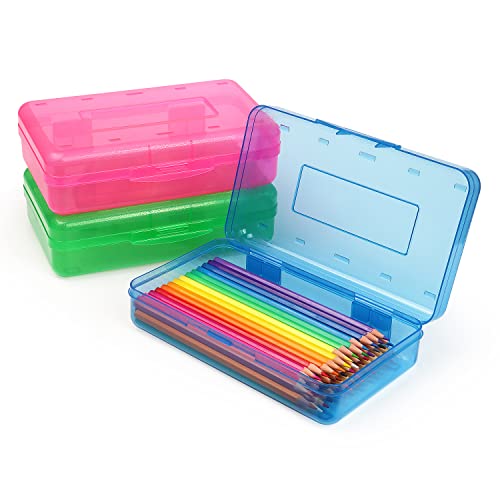 Tamaki 1 Pack Plastic Pencil Box Large Capacity, Blue, Green, Pink | Clear Boxes with Snap-tight Lid Stackable Design and Stylish Office Supplies Storage Organizer - color: Blue,Green,Pink