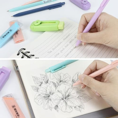Buqoo Mechanical Pencil Set, 6PCS 0.7mm Cute Pastel Mechanical Pencils, 2Push-Pull Retractable Eraser with 80PCS HB 0.7 Lead Refill and Zipper Bag Pencil Kit for Art, Drawing Pencils for Sketching - color: Multicolor Pink