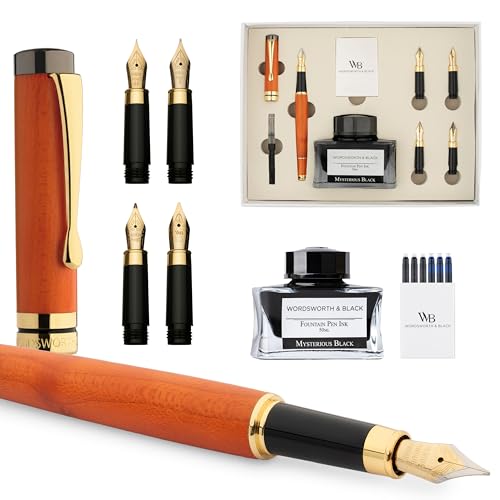 Wordsworth & Black Fountain Pen Gift Set, Includes Ink Bottle, 6 Cartridges, Refill Converter, 4 Replacement Nibs, Luxury Bamboo, Journaling, Calligraphy, Smooth Writing Pens [Cherry Wood] - color: Cherry Wood