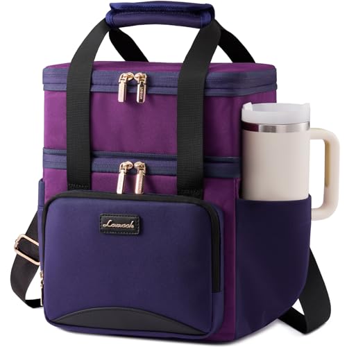 LOVEVOOK Insulated Lunch Bag For Women,Large Double Deck Adult Lunch Box,Teacher Lunch Tote Bag With Cup Holder,Leakproof Cooler Bag With Adjustable Shoulder Strap For Work Picnic Beach,Larger 15L - color: Purple with Black, size: Large —15l