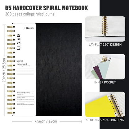 Hardcover Spiral Notebook with removable dividers 300 page,5 Subject Notebook 8"x10" B5 College Ruled Notebooks for Work Note taking，Lined Journal for Women (Black) - color: BLACK