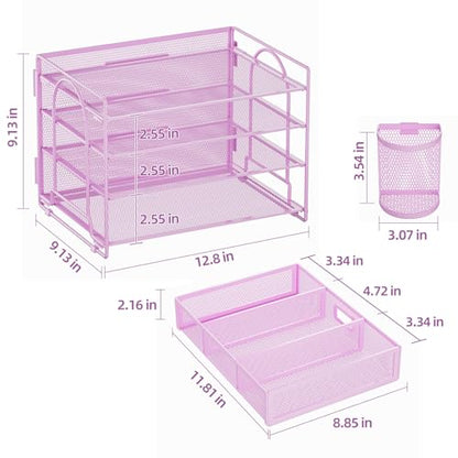 Marbrasse 4-Trays Desk File Organizer with 2 Pen Holder, Desktop Hanging File Holder with Drawer, Paper Letter Tray Organizer (Purple) - color: Purple with Pen Holder
