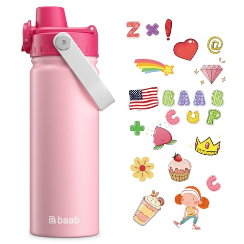 baab 18oz Kids Water Bottle, Insulated Kids Water Bottle with Lockable Spout Lid & Stickers, 18/8 Stainless Steel Vacuum Leakproof Kid Water Cup with Handle for Boy Girl & School (Rose Pink, 1 Pack) - color: Rose Pink, size: 18 Ounces