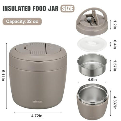 wiwens Thermo Food Jar for Hot Food Adults 32OZ Soup Thermo Lunch Containers Wide Mouth Vacuum Insulated Stainless Steel Leakproof Bento Box with Spoon (Khaki) - color: Khaki