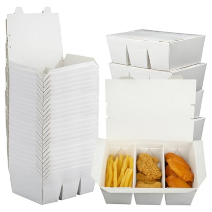30 Pack 3 Compartment Paper Take Out Food Containers, 7.5x5.4x2.6" White Take Out Boxes, Disposable To Go Container Take Out Containers, Greaseproof Paper Bento Box Takeout Lunch Boxes with Lid - color: White-Flip Top
