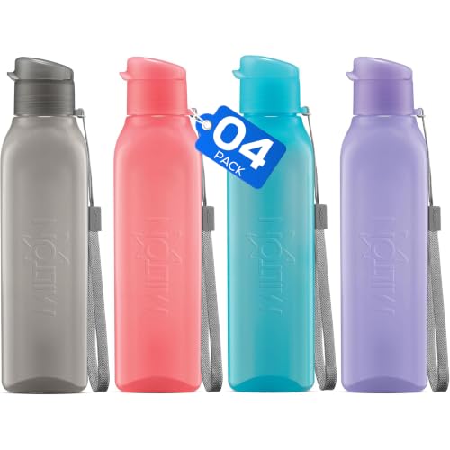 Bulk Water Bottles Set of 4 –17oz Multicolor Sports Bottles for Kids and Adults – Leak Proof Water Bottles with Carry Strap – Square Reusable Bottles for Juice, Drinks – BPA-Free Dishwasher-Safe - color: 4 pack pastel