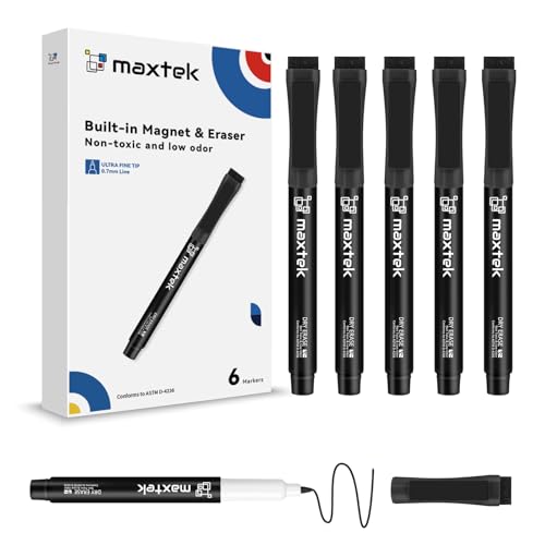 maxtek Magnetic Black Dry Erase Markers with Eraser, Ultra Fine, 6 Count | Low Odor 0.7mm Extra Fine Whiteboard Markers for Planning Whiteboards and Calendar Boards