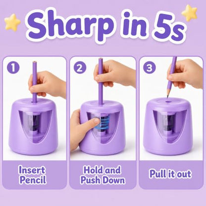 homicozy Electric Pencil Sharpeners for Kids, Cute Small Pencil Sharpener for Home Classroom, Battery Pencil Sharpener Electric Plug in, with Erasers DIY Stickers Note Pad (Purple Battery) - color: Purple Battery