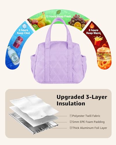 Quilted Puffer Lunch Bag for Women, Insulated Lunch Tote with Foil Lining, Leak-Resistant Reusable Lunch Cooler Bag, Roomy Soft Lunch Box for Work, School, Picnic and Travel (Purple) - color: Purple