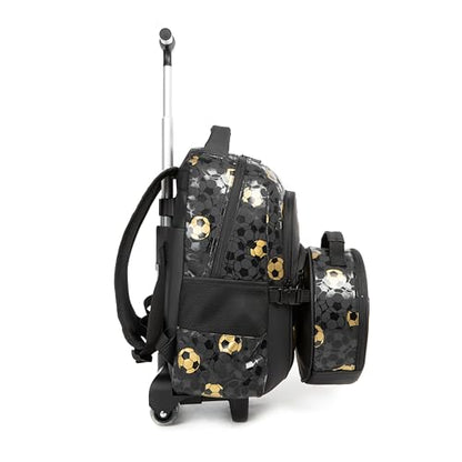 Rolling Backpack with Lunch Box,School Backpack for Boys Roller Bookbags with Wheels for Elementary Students,Black - color: Black Gold Football