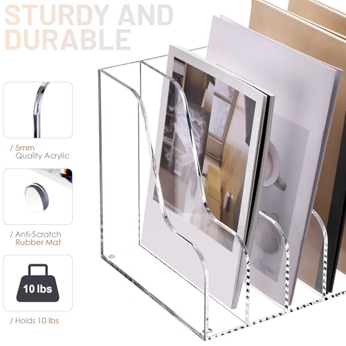 SANRUI Acrylic File Organizer, Compact Desk Organizer for Folders, Binders, Notebooks, Envelopes, Clear Magazine File Holder, 5 Section Bookshelf for School Home Office Organization, A4 - size: A4,5 Sections