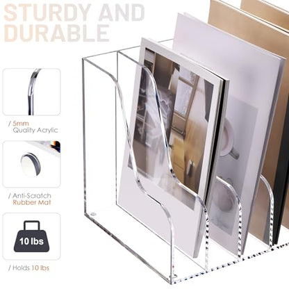 SANRUI Acrylic File Organizer, Compact Desk Organizer for Folders, Binders, Notebooks, Envelopes, Clear Magazine File Holder, 5 Section Bookshelf for School Home Office Organization, A4 - size: A4,5 Sections