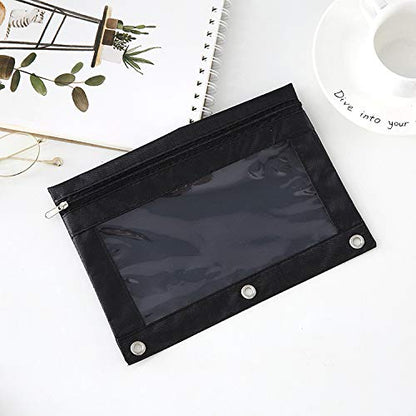 Zippered Binder Fabric Pencil Pouch | 3 Rings with Clear Window for School Classroom Organizers 8 pack (Black) - color: Black