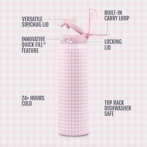 Ello Pop & Fill Insulated Stainless Steel Water Bottle with Quick Fill Lid, Leakproof Locking, Sip or Chug Spout, BPA-Free, Double Wall Vacuum Insulated for Sports, Travel & School- 22oz / 32oz / 40oz - color: Pink Gingham, style: 22oz