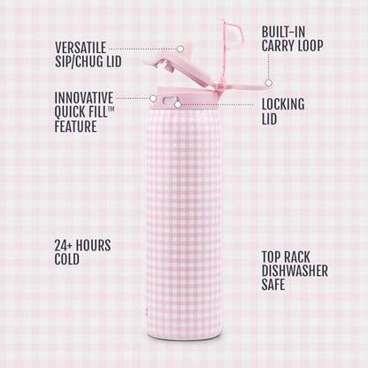 Ello Pop & Fill Insulated Stainless Steel Water Bottle with Quick Fill Lid, Leakproof Locking, Sip or Chug Spout, BPA-Free, Double Wall Vacuum Insulated for Sports, Travel & School- 22oz / 32oz / 40oz - color: Pink Gingham, style: 22oz