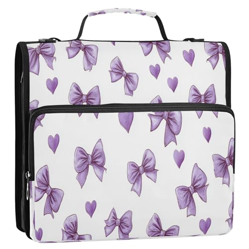 Caikeny 3 Ring Zipper Binder Cute Lavender Bows Vintage Hearts 1.5 inch Binders Bag Expanding File Pockets with Shoulder Strap and Handle - color: Multicolored 1z83.17