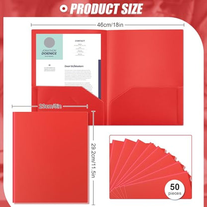 Gueevin 50 Pcs Plastic Folders with Pockets, Back to School Two Pocket Folder Fit Letter Size, Heavy Duty School Business Card Holder for Home Office, 11. 61 x 9. 45 Inches (Red) - color: Red