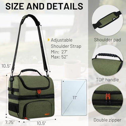 MIER Dual Compartment Lunch Bag Tote with Shoulder Strap for Men and Women Insulated Leakproof Cooler Bag, Army Green - color: Green