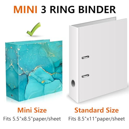 Mini 3 Ring Binder 5.5 x 8.5, 2-Inch Binder, Round Ring, Blue, 2 Pack | Marble Pattern, Ring Spacing 2.75in