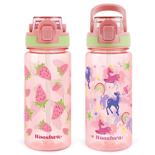 Kids Water Bottle for School, 20 Oz Plastic Straw Water Bottle with Silicone Spout and Leakproof Cover, Dishwasher Safe (Strawberry/Unicorn) - color: Strawberry/Unicorn, size: 20 Ounces