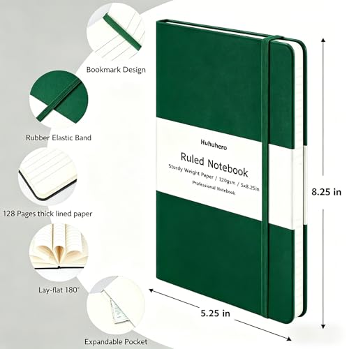 Huhuhero Hardcover Lined Journal, College Ruled Writing Notebook | 120Gsm Thick Paper Work Notebooks for Women Men, 5.25"×8.25", Office & School Writing Supplies (1, Green) - color: Green