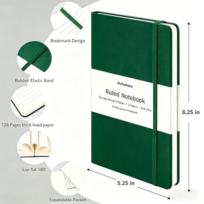 Huhuhero Hardcover Lined Journal, College Ruled Writing Notebook | 120Gsm Thick Paper Work Notebooks for Women Men, 5.25"×8.25", Office & School Writing Supplies (1, Green) - color: Green