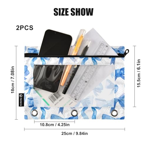 Binder Pencil Pouches Blue Ribbon Bows Watercolor Pen Case | Clear Window 3 Rings, Cosmetic Bags School Office Supplies Cosmetic Makeup Bag 2 Psc - color: Multi-blue Ribbon Bows