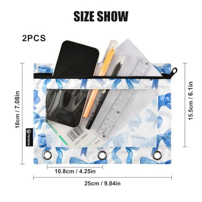Binder Pencil Pouches Blue Ribbon Bows Watercolor Pen Case | Clear Window 3 Rings, Cosmetic Bags School Office Supplies Cosmetic Makeup Bag 2 Psc - color: Multi-blue Ribbon Bows